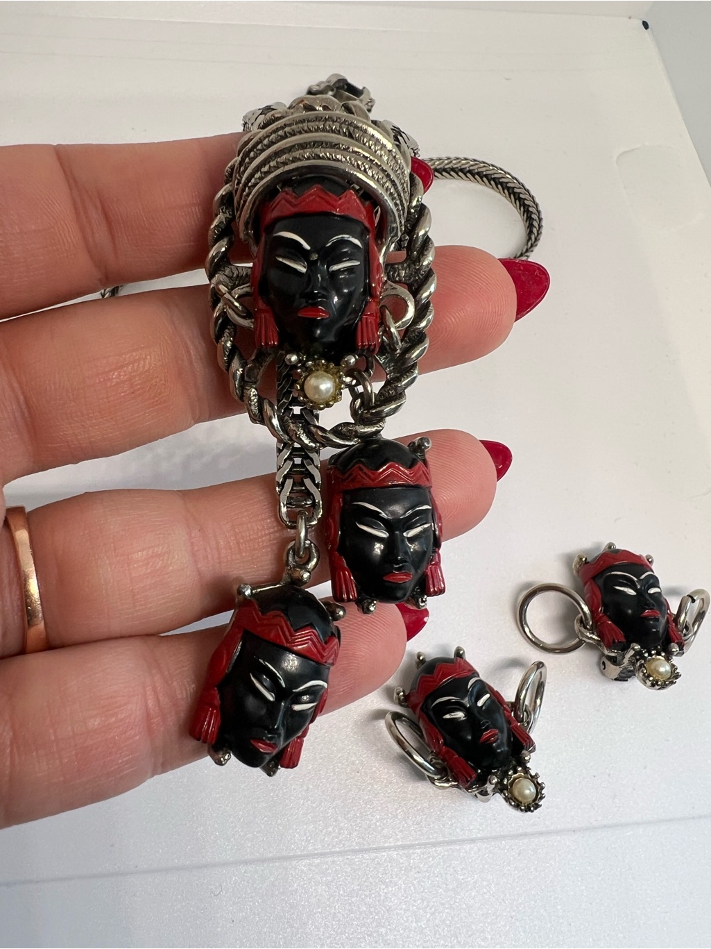 Red & Black Tribal Faces Pendant Necklace And Earrings Set